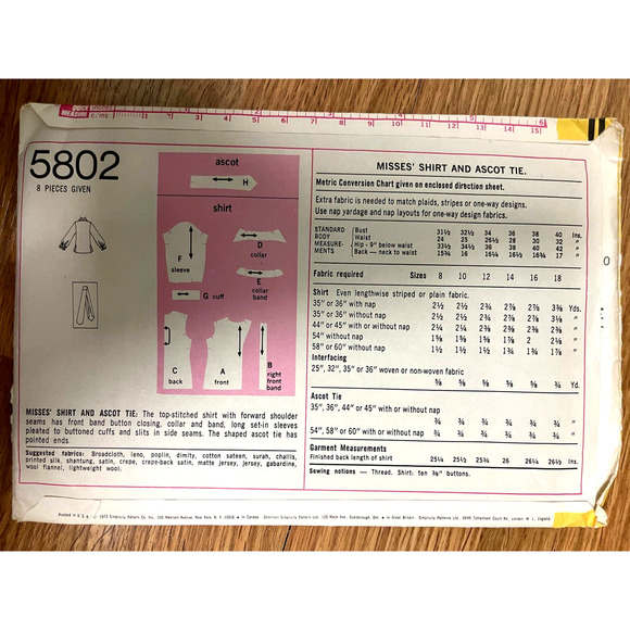 Vintage 1970s Simplicity 5802 Sewing Pattern Women Sz Sm Top Ascot Tie COMPLETE - Picture 2 of 2